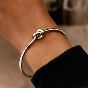 Vintage Stainless Steel Silver-Toned Woven Knot Bangle, Bracelet